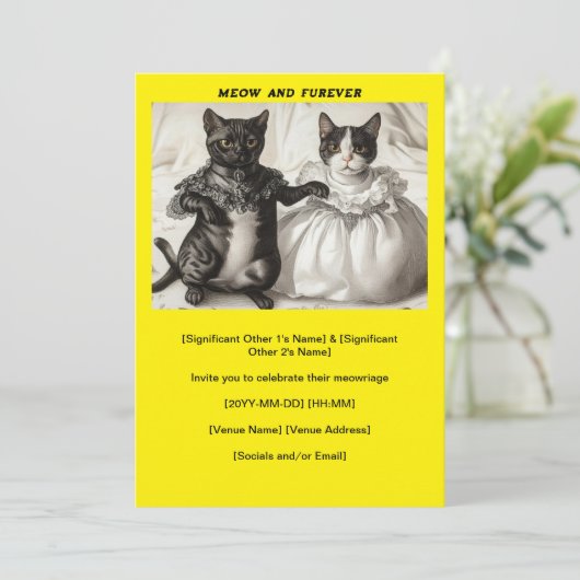 Gele katten bruiloft miauw en furever uitnodiging (Staand voorkant)