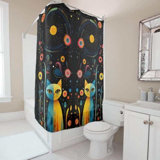 Gele katten douchegordijn (In situ)