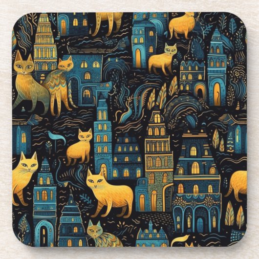 Gele katten in de stad Night AI kunst Bier Onderzetter (Voorkant)