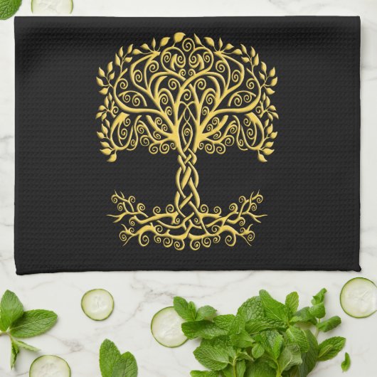 Gele Keltische levensboom Theedoek (Gevouwen)