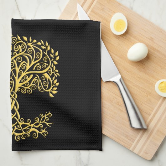 Gele Keltische levensboom Theedoek (Quarter Fold)