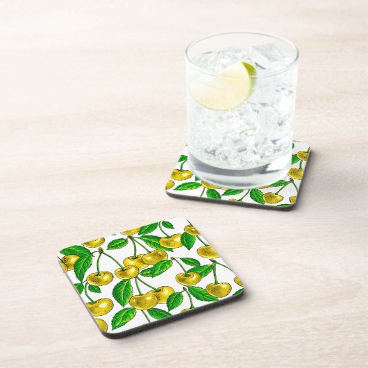 Gele kersen op wit bier onderzetter (Rechterzijde)