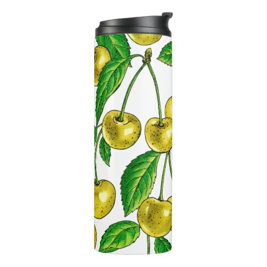 Gele kersen op wit thermosbeker (Gedraaid links)