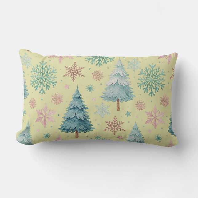 Gele Kerstboom & Sneeuwvlok Worp Kussen (Voorkant)