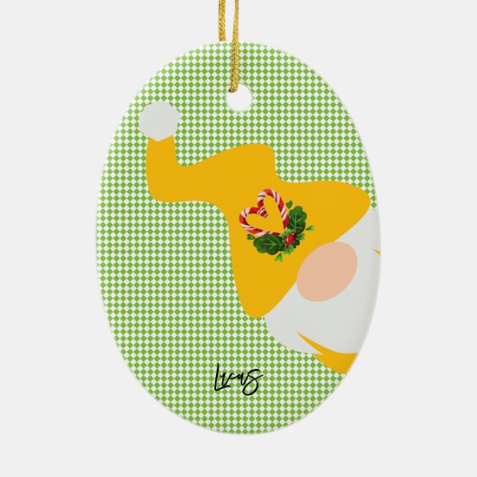 gele kerstgnome naam checker grappig keramisch ornament (Achterkant)