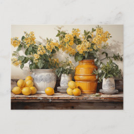 Gele keukenplank citroenen gele vaas bloemen briefkaart