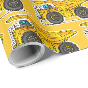 Gele kiepwagen inpakpapier, bouw cadeau cadeaupapier
