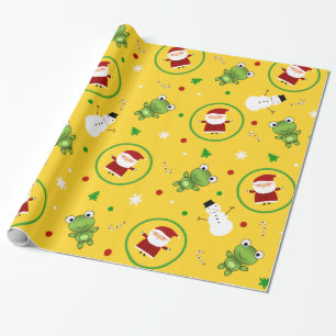 Gele kikkers santa claus snewmen cadeaupapier