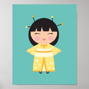 Gele Kimono Japanse Doll Poster