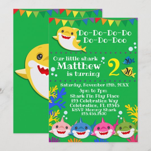 Gele Kinder Shark Green Birthday Kaart (Voorkant / Achterkant)