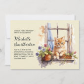 Gele kitten raam bloemen verjaardag kaart (Voorkant)
