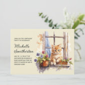 Gele kitten raam bloemen verjaardag kaart (Staand voorkant)