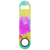 Gele klaproos met hete roze centrum op turquoise speed flessenopener (Voorkant)