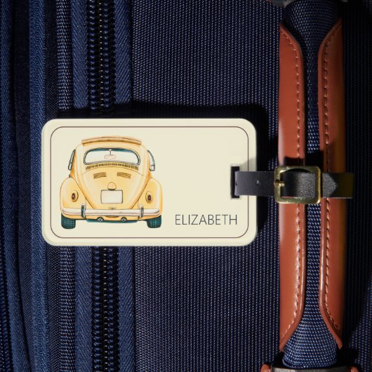 Gele Klassieke Vintage Buggy Bug Auto Gepersonalis Bagagelabel (Voorkant Insitu 4)
