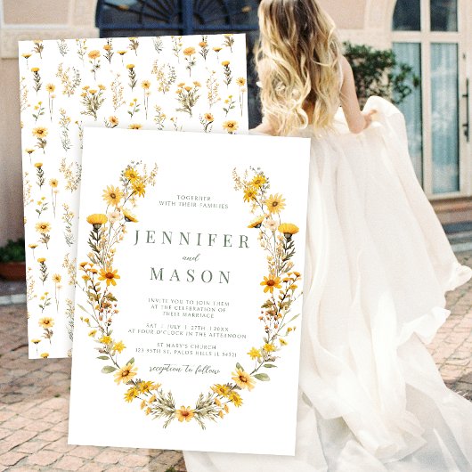 Gele kleine bloemen wilde bloemen bruiloft uitnodi kaart
