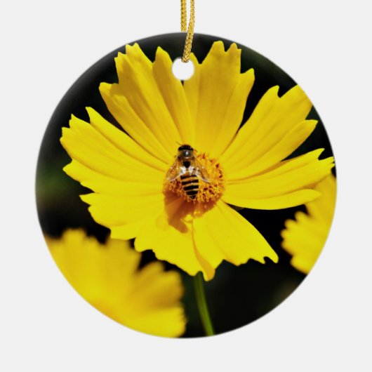 Gele kosmos Bloem en bijen Keramisch Ornament (Voorkant)