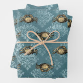 Gele krabben en Blauwe Damask Inpakpapier Vel (In situ)