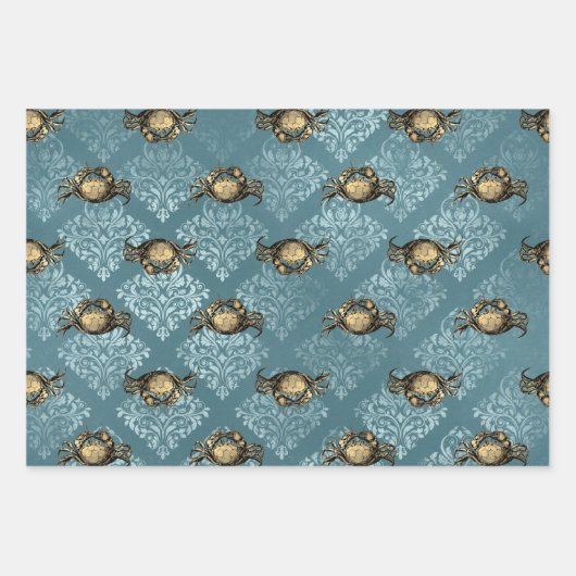 Gele krabben en Blauwe Damask Inpakpapier Vel (Voorkant)