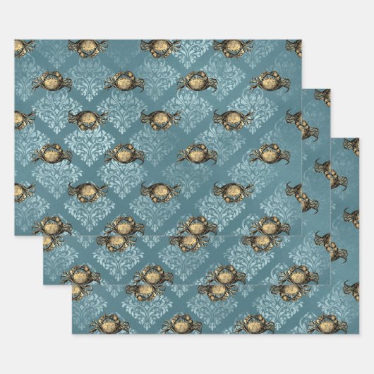 Gele krabben en Blauwe Damask Inpakpapier Vel (Set)