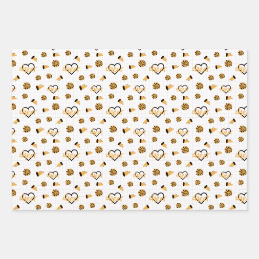 Gele kronkelharten, pom poms, Megafonpatroon Inpakpapier Vel (Voorkant)