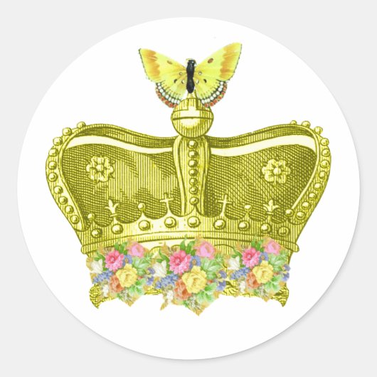 Gele kroon met vlinder ronde sticker (Voorkant)