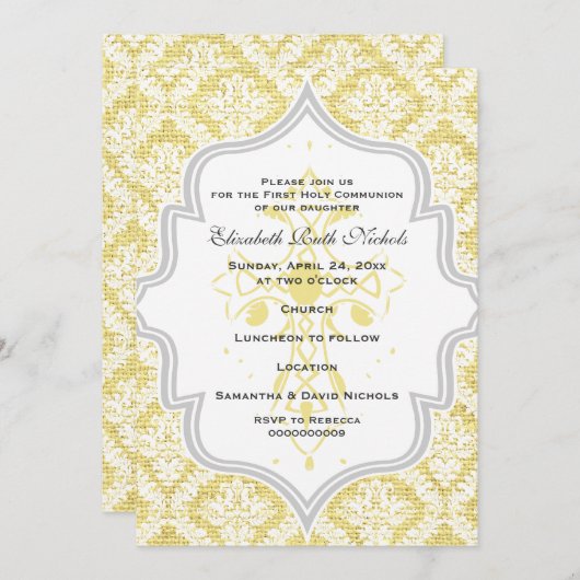 Gele Kruis witte damast burlap Eerste Communie Kaart (Voorkant / Achterkant)