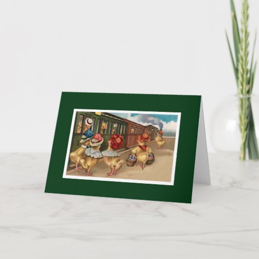 Gele kuikens in de trein - Antropomorfe kunst Feestdagen Kaart (Voorkant)