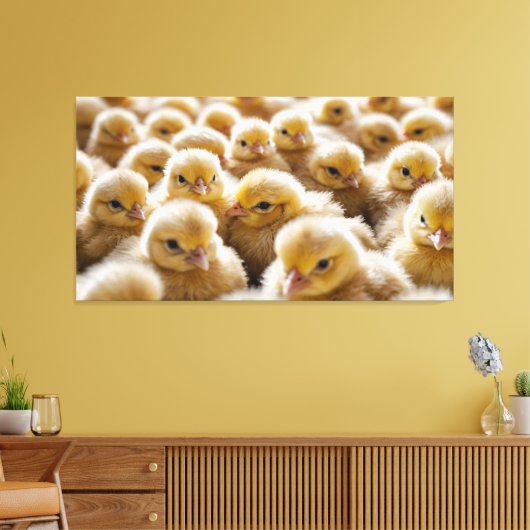 Gele kuikens verzameld in grote aantallen canvas afdruk (Insitu (Woonkamer))