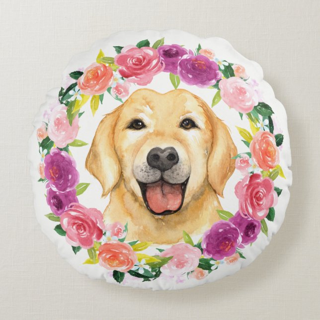 Gele lab Dog met Floral Wreath Pillow Rond Kussen (Voorkant)