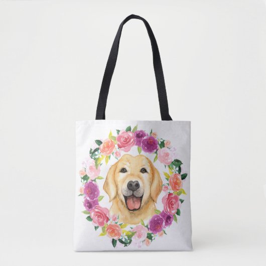 Gele lab Dog met Floral Wreator Canvas tas (Voorkant)
