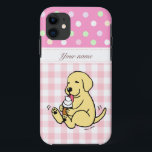 Gele Lab likt ijsjes Cartoon iPhone 11 Hoesje<br><div class="desc">Whimsy en schattige Labrador Retriever Cartoon gemaakt door Naomi Ochiai uit Japan. Een schattige en blije Gele Labrador geniet van het likken aan ijs. Wat een leuke tijd is het!! Leuk cadeau voor hondenliefhebbers die van Gele Labrador houden. We hebben verschillende achtergronden. Je kunt tekst en meer aanpassen!</div>