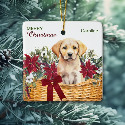 Gele Lab Puppy Poinsettia Kerstmand Keramisch Ornament
