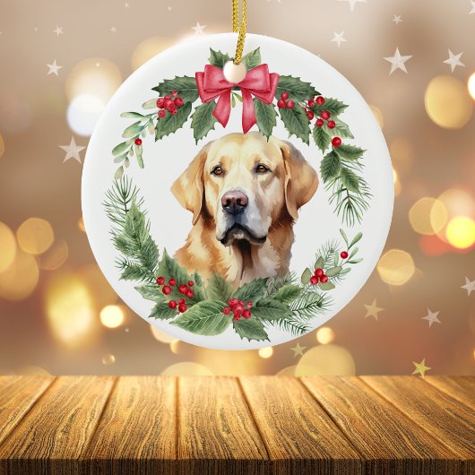 Gele Lab Retriever Rode Bow Holly krans Keramisch Ornament