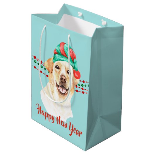 Gele lab Retriever Santa Hat Holiday Beads Medium Cadeauzakje (Achterkant Gekanteld)