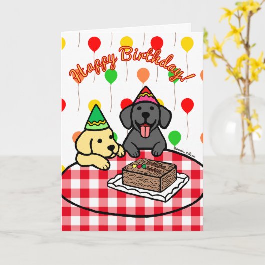 Gele Lab & Zwart Lab Verjaardag Kaart (Gele Bloem)