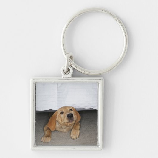 Gele labpuppy onder bed sleutelhanger (Voorkant)