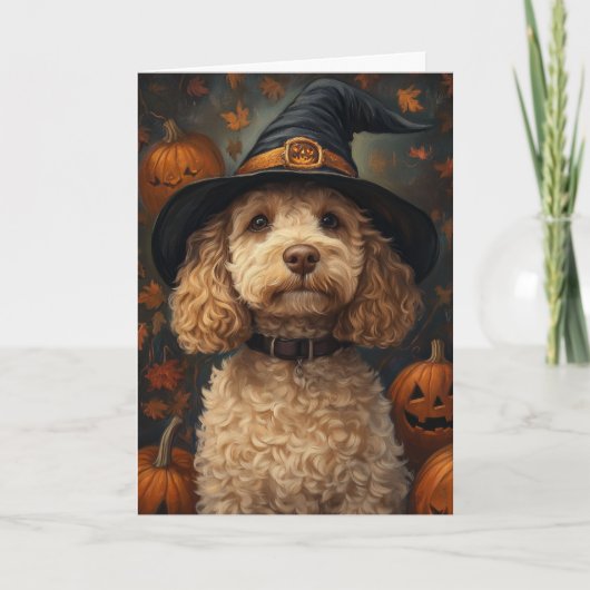 Gele Labradoodle Halloween Feestdagen Kaart (Voorkant)
