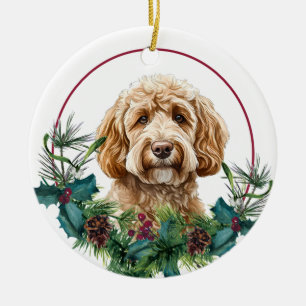 Gele Labradoodle Hond Groene Krans Keramisch Ornament