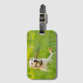 Gele labrador bespeelt zich op een stok bagagelabel (Voorkant (verticaal))