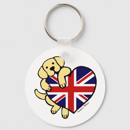 Gele labrador & Britse vlag Heart 2 Cartoon Sleutelhanger (Voorkant)
