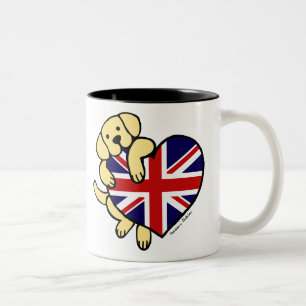 Gele labrador & Britse vlag Heart 2 Cartoon Tweekleurige Koffiemok
