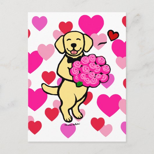 Gele labrador Cartoon met Rozen Briefkaart (Voorkant)