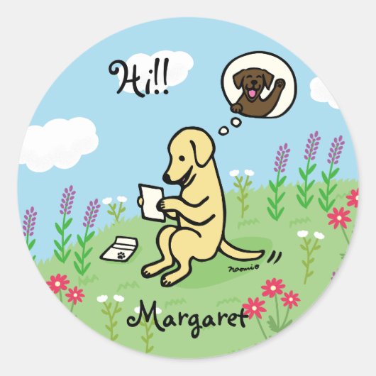 Gele labrador en brief van een vriend ronde sticker (Voorkant)