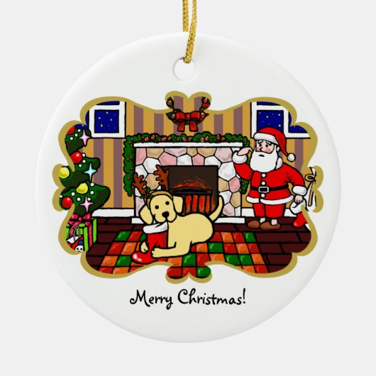 Gele labrador en kerstkerstCartoon Keramisch Ornament (Voorkant)