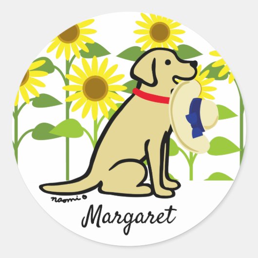 Gele labrador en zonnebloemen ronde sticker (Voorkant)
