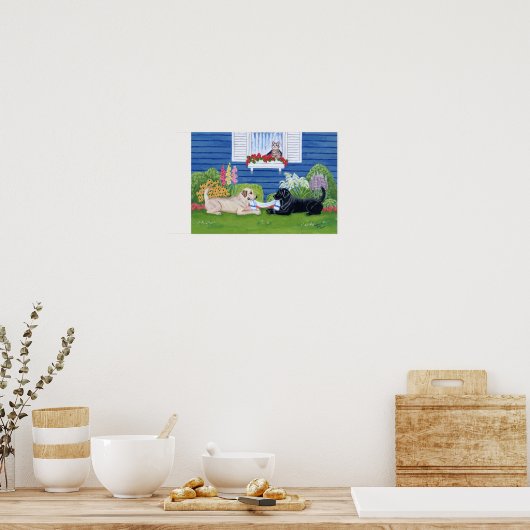 Gele labrador en zwarte labrador in de tuin poster (Keuken)