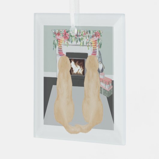 Gele labrador-honden in de kersthapscène glas ornament (Voorkant links)