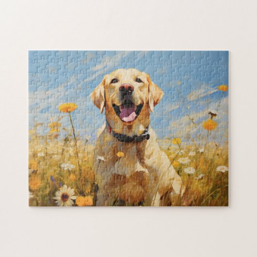 Gele labrador in bloemen legpuzzel (Horizontaal)