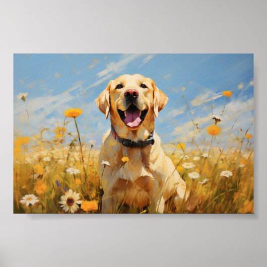 Gele labrador in bloemen poster (Voorkant)