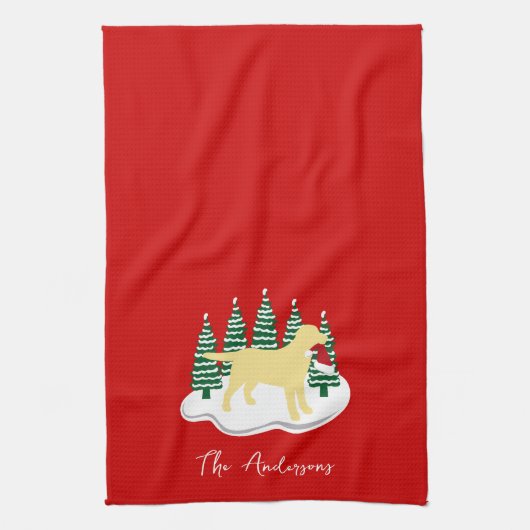 Gele labrador kerstboombomen theedoek (Verticaal)